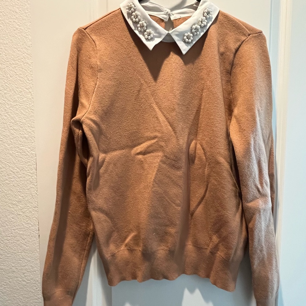 Cute and pretty tan long sleeve with jeweled collar, size small